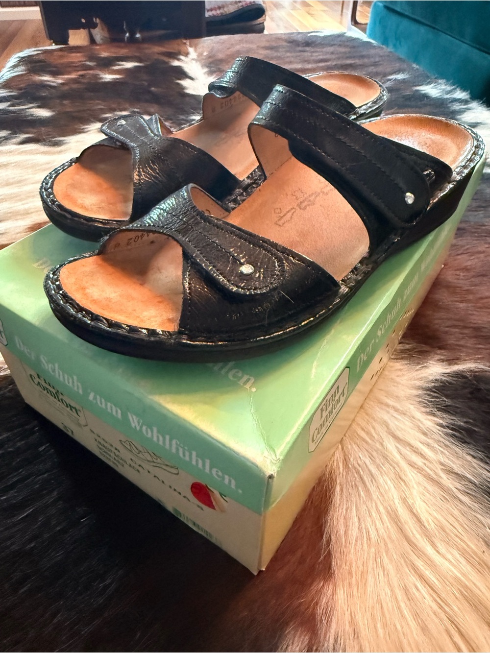 Finn Comfort Black Two-Strap Slide Sandals